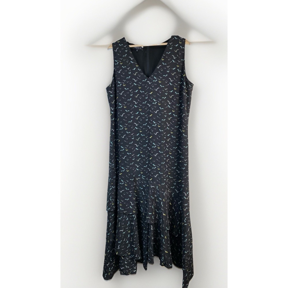 Lafayette 148 Women's L Black 100% Silk Flying Birds Sleeveless Shift Dress